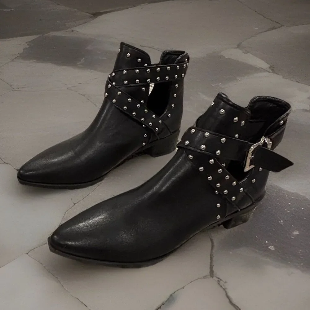 Black Leather Booties Studded, Pointed Toe, Cut Out, Buckle,  Ankle Boots Sz 40